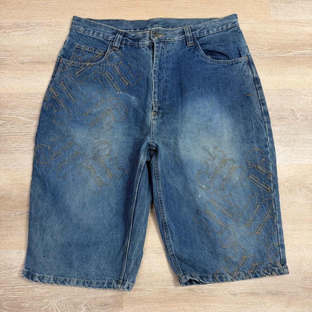 Makaveli Branded Mens Baggy Denim Shorts Blue W42 Gothic Embroidery 90s Hip Hop
